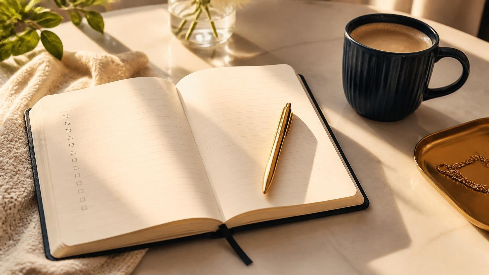 A notebook open to a checklist on a sunlit desk, representing a mid-year financial review in progress.